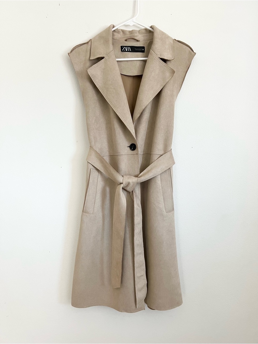 Zara Tailored Faux Suede Sleeveless Belted Long Vest Coat Quiet Luxury Minimal S
